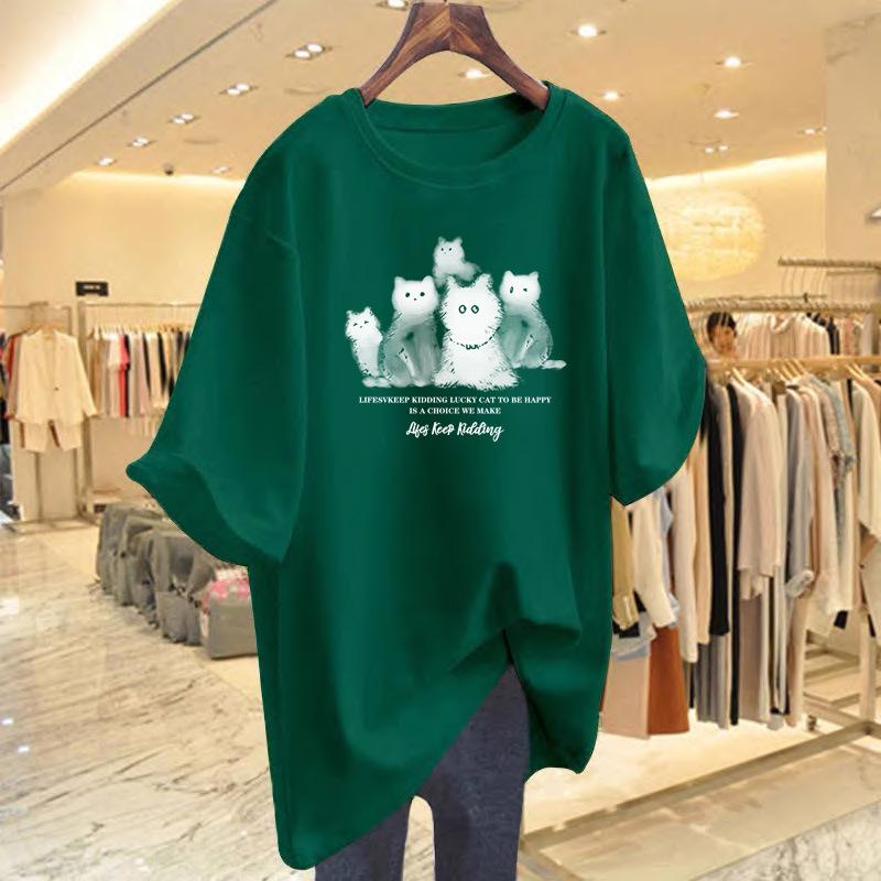Women's Summer Cat Print Short Sleeve T-Shirt - Loose and Casual