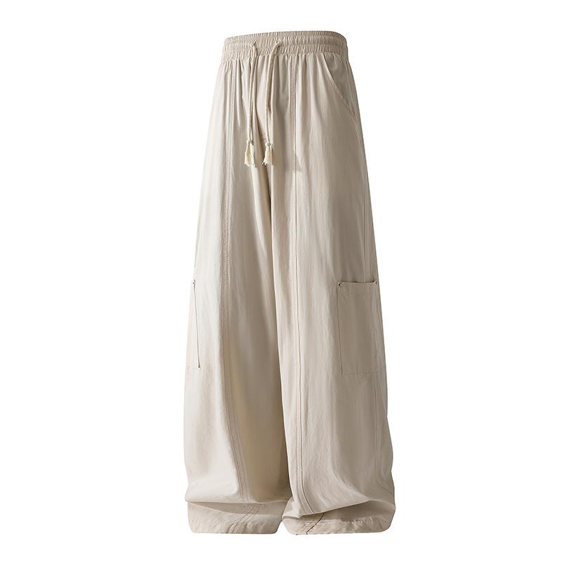 Women's Light Blue Wide Leg Cargo Pants Elastic Waist Drawstring Casual Trousers with Side Pocket