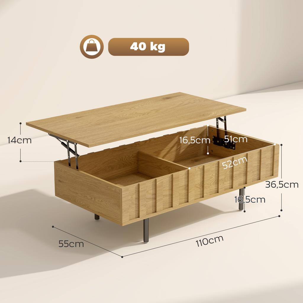 Extendable Coffee Table with 2 Hidden and Fluted Side Compartments, Mid-Century Modern Style, 110x55x36.5cm, Oak