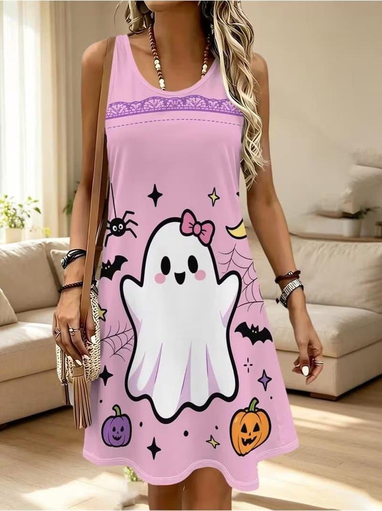 Lässiges Damen Tanktop-Kleid Sommer Ärmellos O-Ausschnitt 3D-Druck Locker A-Linien-Kleid Strand-Westenkleid