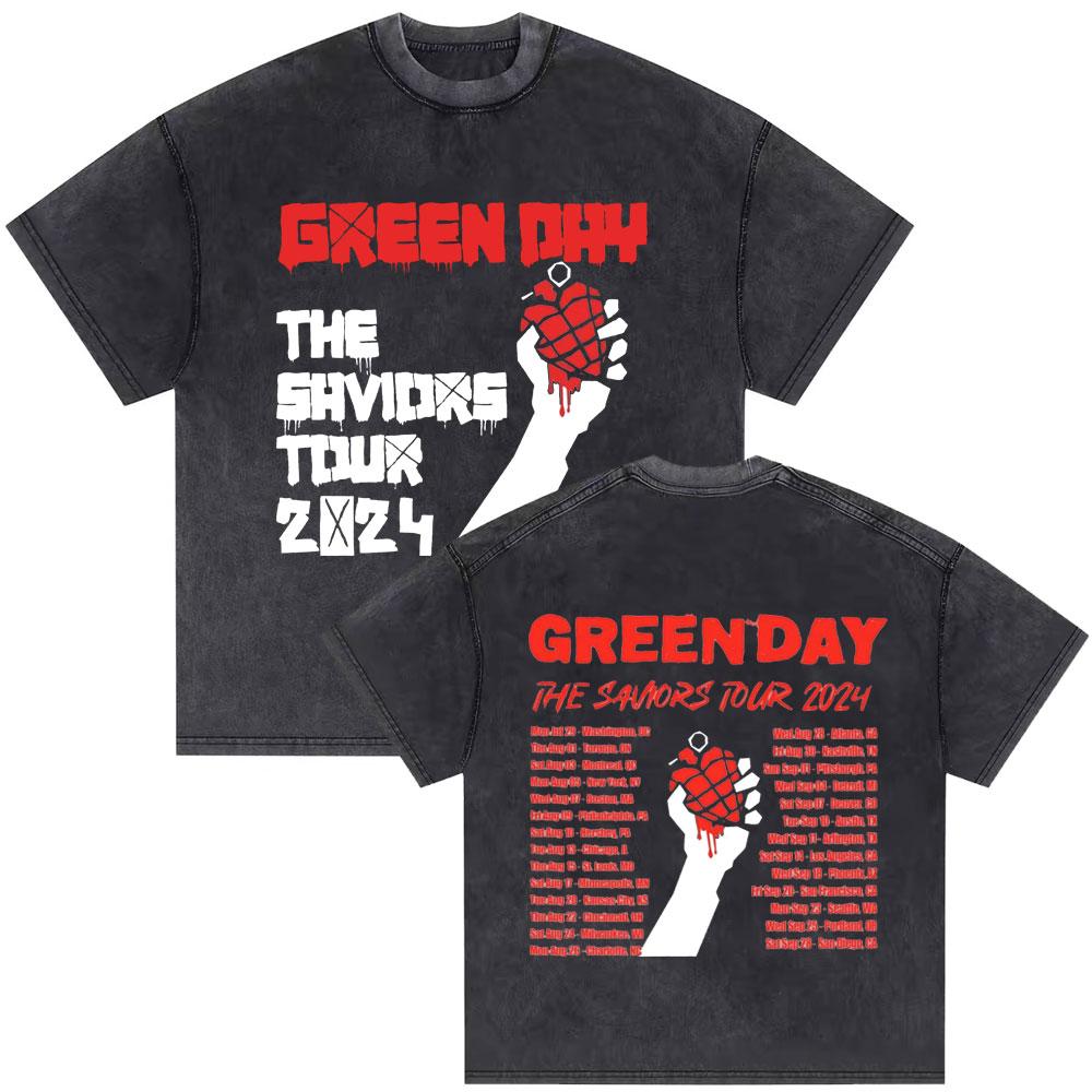 Washed Vintage Punk Band Green Day World Tour T Shirts Men Retro Gothic Rock Tshirt Male Cotton Casual Oversized Tshirts