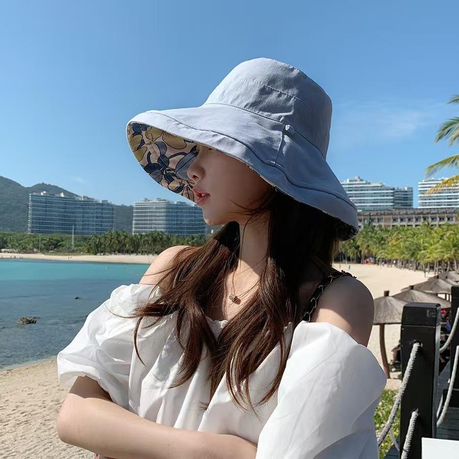 Double-sided bucket hat women's summer face covering large brim sun hat sun protection and UV protection hat women