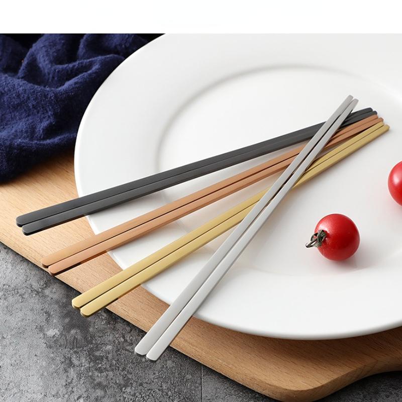 1 para koreańskich solidnych płaskich pałeczek ze stali nierdzewnej tytanowe złoto japońskie pałeczki do sushi chińskie pałeczki kuchenne naczynia stołowe narzędzia