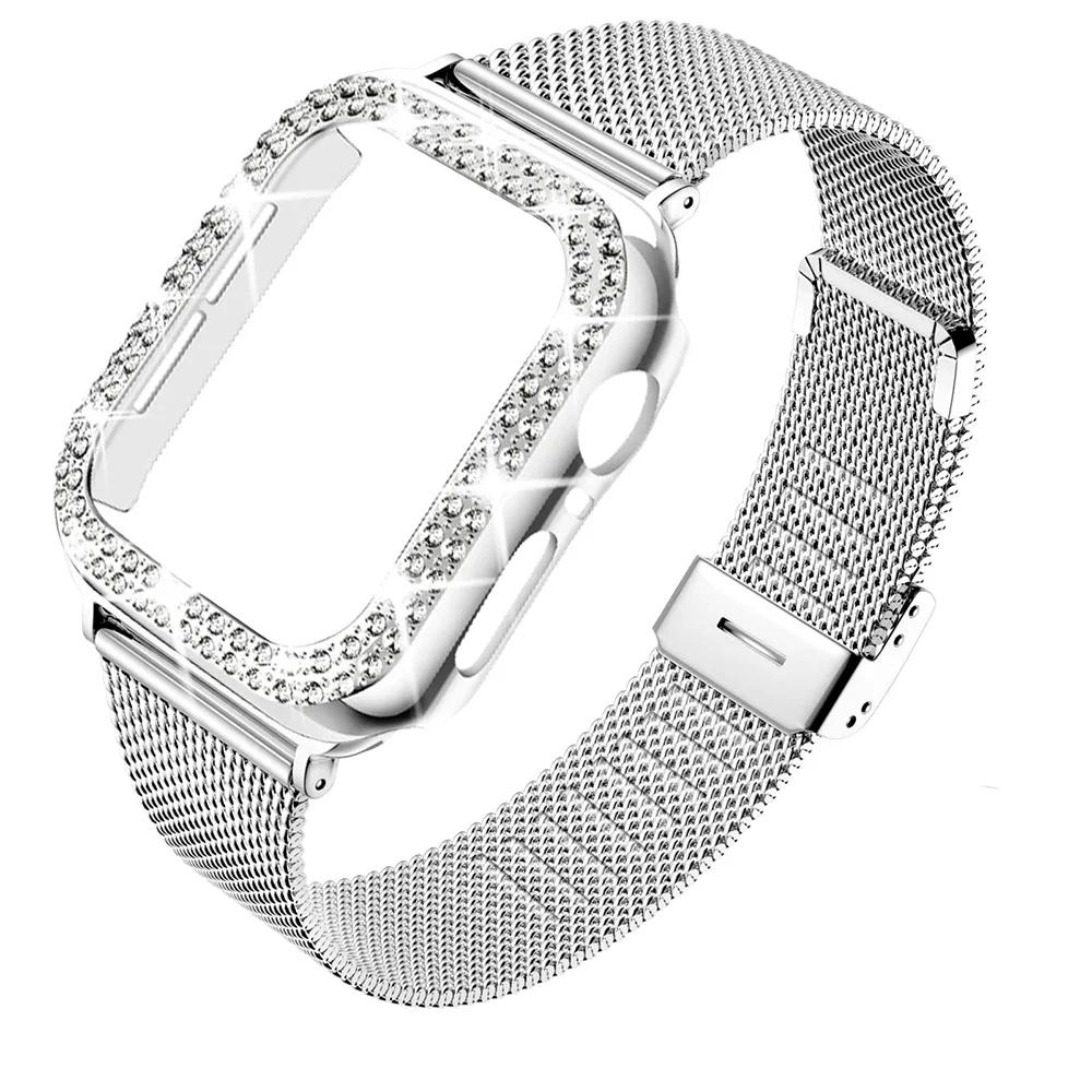 Diamond Case+Metal Strap For iWatch Band Ultra 2 Stainless Steel Bracelet For Apple Watch 9 8 7 45mm 44mm 40mm 41mm Series 6 5 4