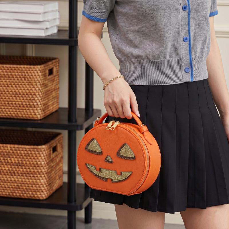 Halloween Pumpkin Purse For Women Pu Material Small Circular Crossbody Bag With Zipper Pocket