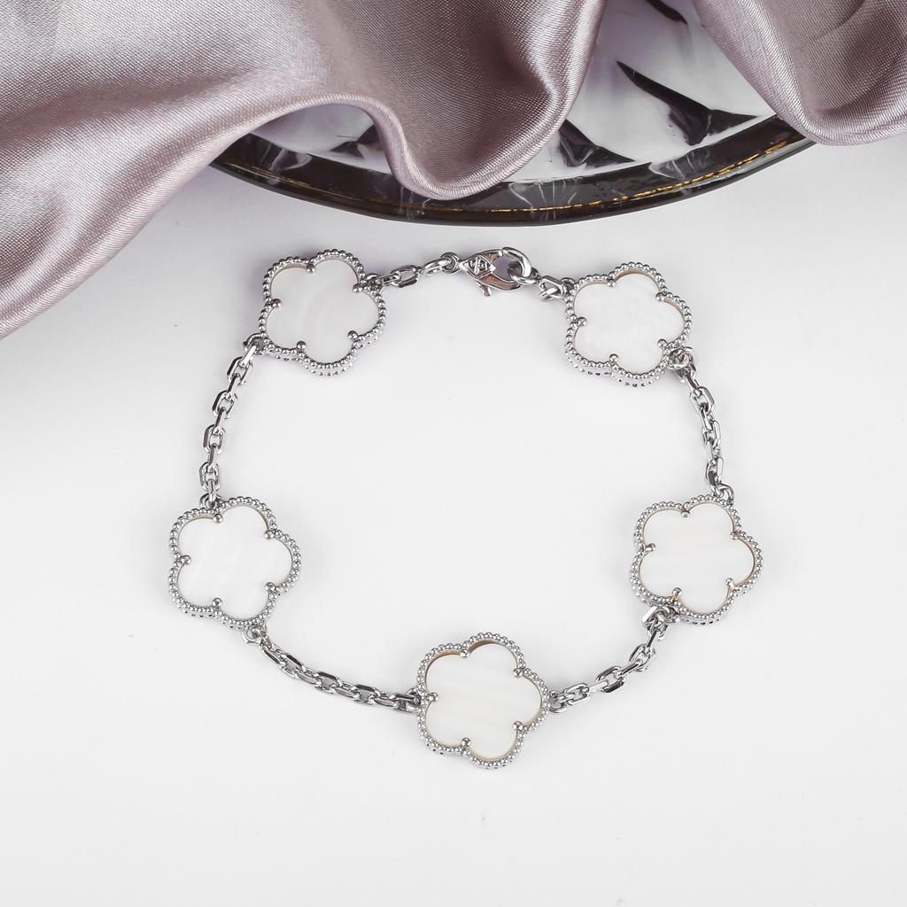 Hot Sale Premium 15mm Natural Stone White Shell Five Leaf Flower Bracelet Gold Silver Lucky bangle For Women Girls Party Daily