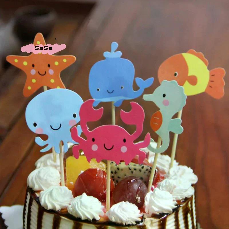 24 szt. Toppery do babeczek ze zwierzętami morskimi Dekoracje tortu na przyjęcie urodzinowe pod wodą Akcesoria na przyjęcie tematyczne z syreną dla dziewczynek Baby Shower