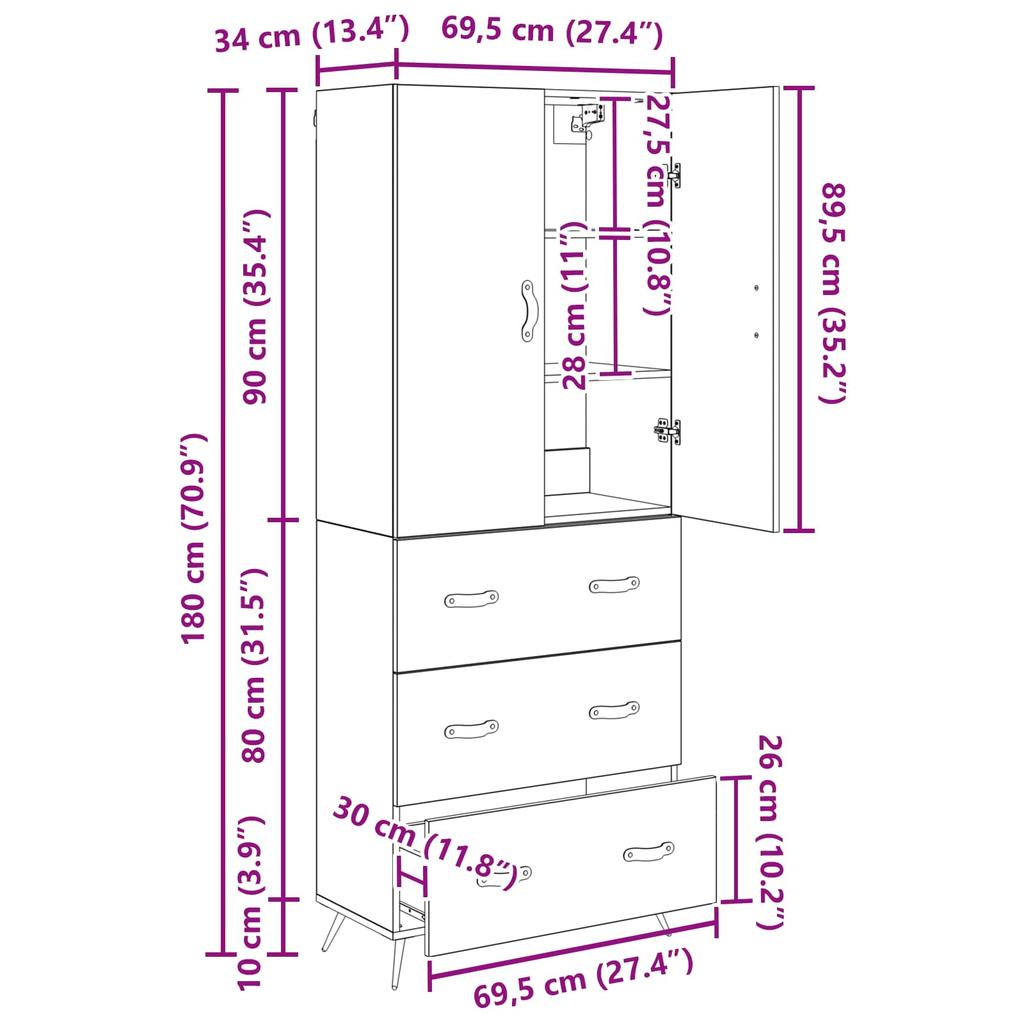 Highboard in Black Oak Look 69.5 x 34 x 180 cm Particleboard