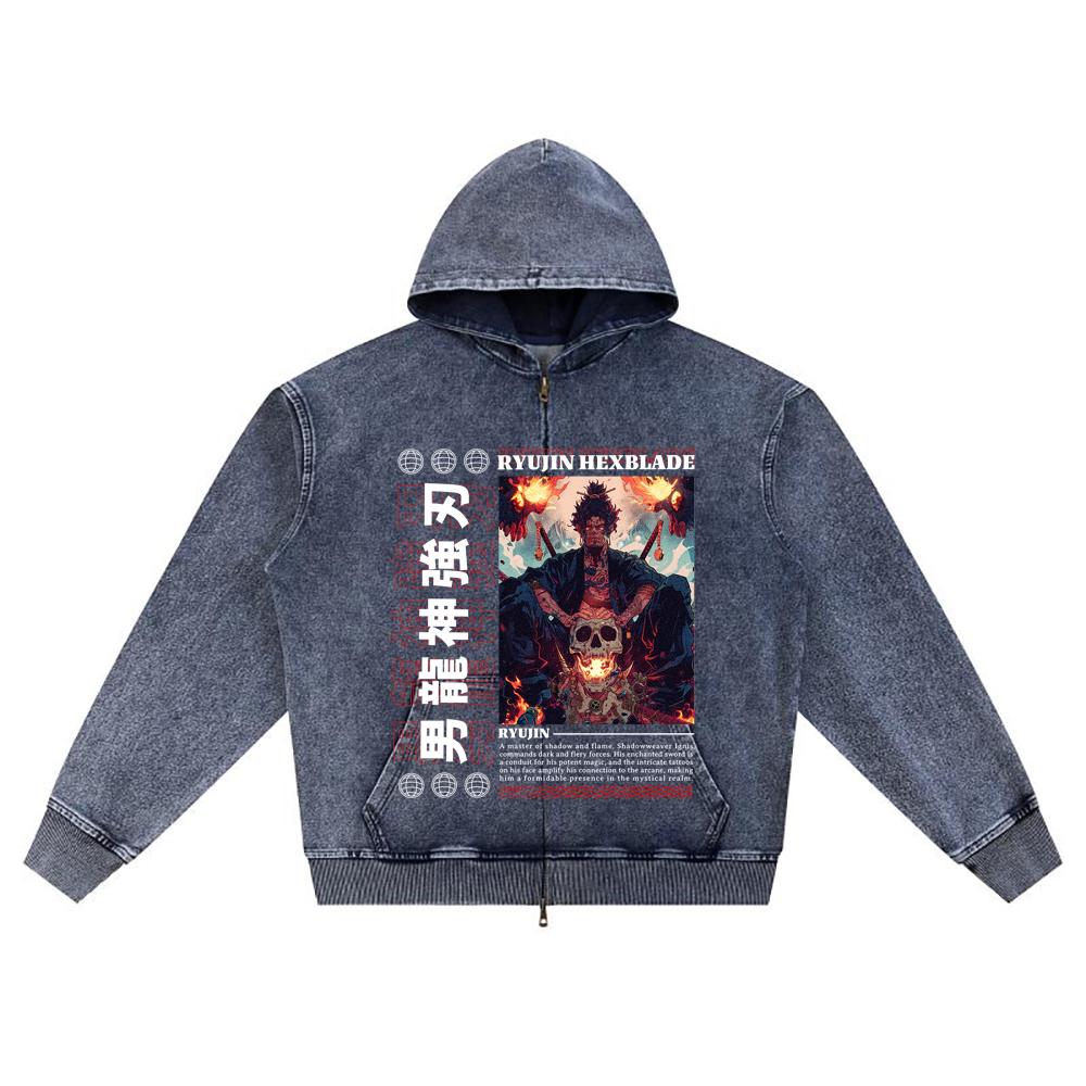 DTG print Knitted Denim Zip-Up Hoodie Japan Samurai Brother Print Zipper Hoodies  