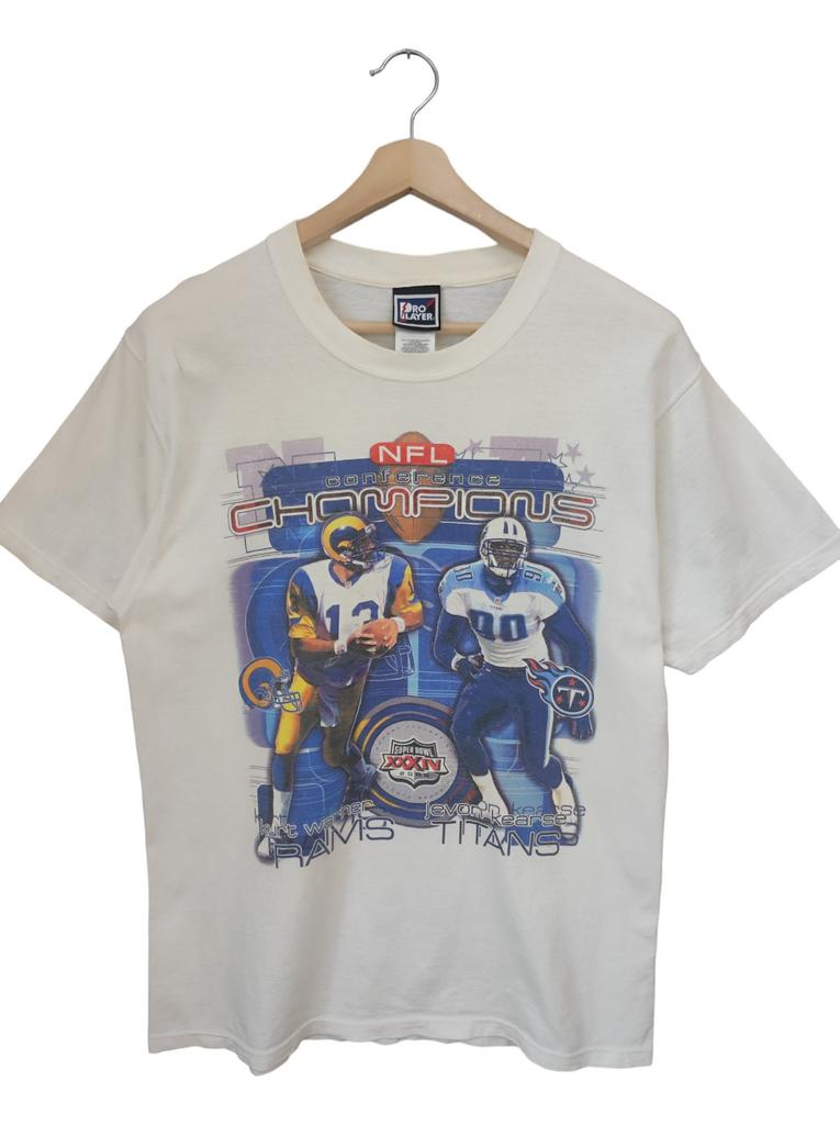 Vintage NFL conference champions superbowl Rams VS Titans kurt warmer versus jevon kearse 2000 tee nfl t shirt from pro player size L