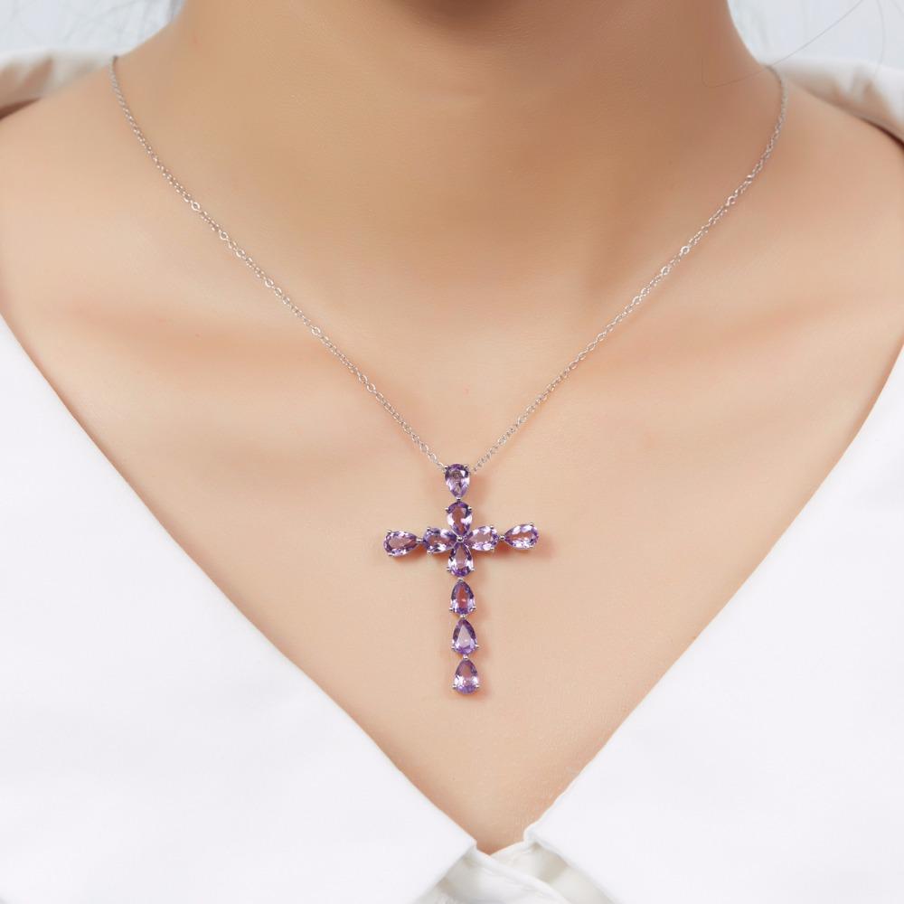 Amethyst Natural Gemstone Cross Pendant Necklace In 925 Silver Plated