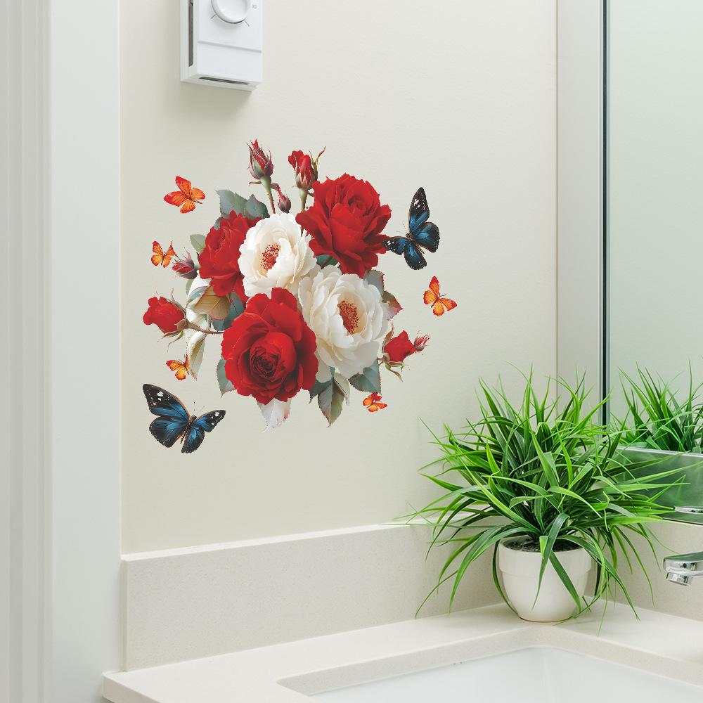 Hand Painted Red and White Roses with Flying Butterflies Toilet Seat Sticker Bathroom Decor Self-Adhesive Removable Decal