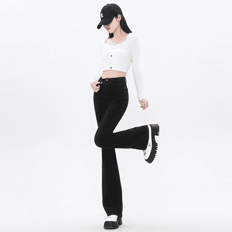 

Women s Washed Distressed Micro Flare Jeans - American High Street Style, Autumn/Spring, Straight-Leg, Loose Fit XL чёрный