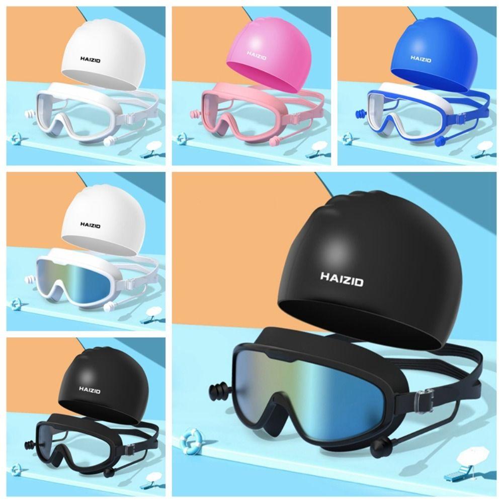 

1 Set Waterproof Swimming Goggles Cap Earplug Set HD Swim Hat Goggles Earplug Set Long Hair blue-style 1