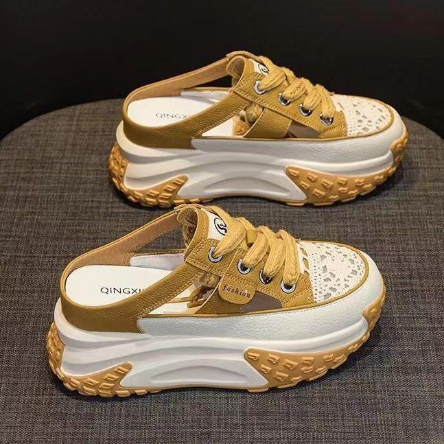 Baotou inner height increase half slippers women's summer wear 2025 new Internet celebrity explosion thick-soled hole white shoes