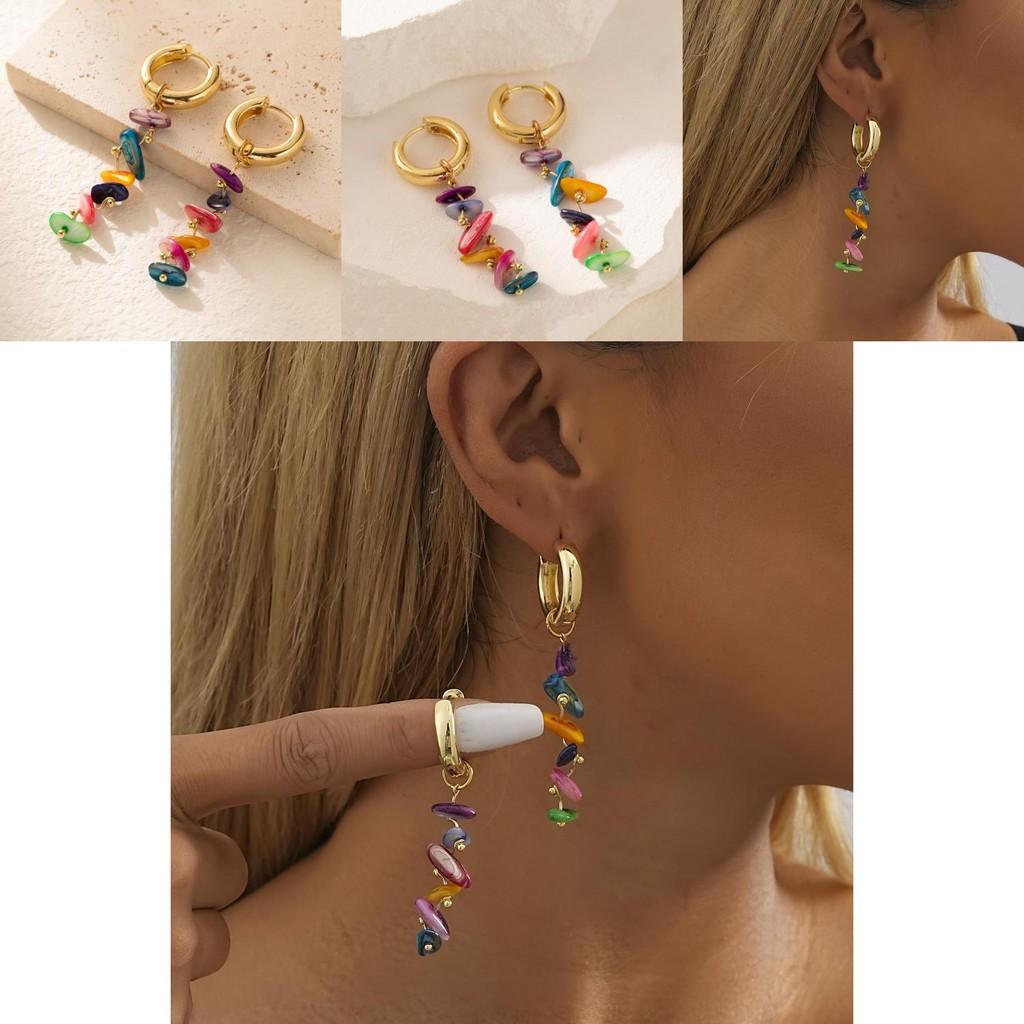 Colorful Plated Copper Earrings With Natural Stones Trendy Geometric Design For Women