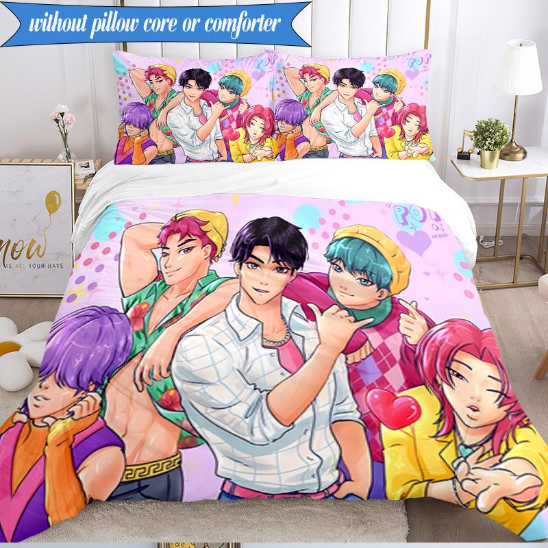 Colorful Kpop Cartoon 3pcs K-pop Music Group Bedding set,Ideal for Bedroom, Dormitory,Including Duvet Cover And 2pcs Pillowcases,Fan Gifts