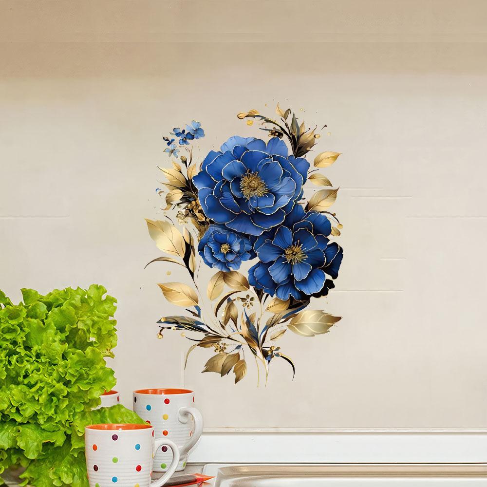 Self-adhesive Gorgeous Blue Peony Wall Stickers Large Flowers for Dining Room Accent Wall Home Decor
