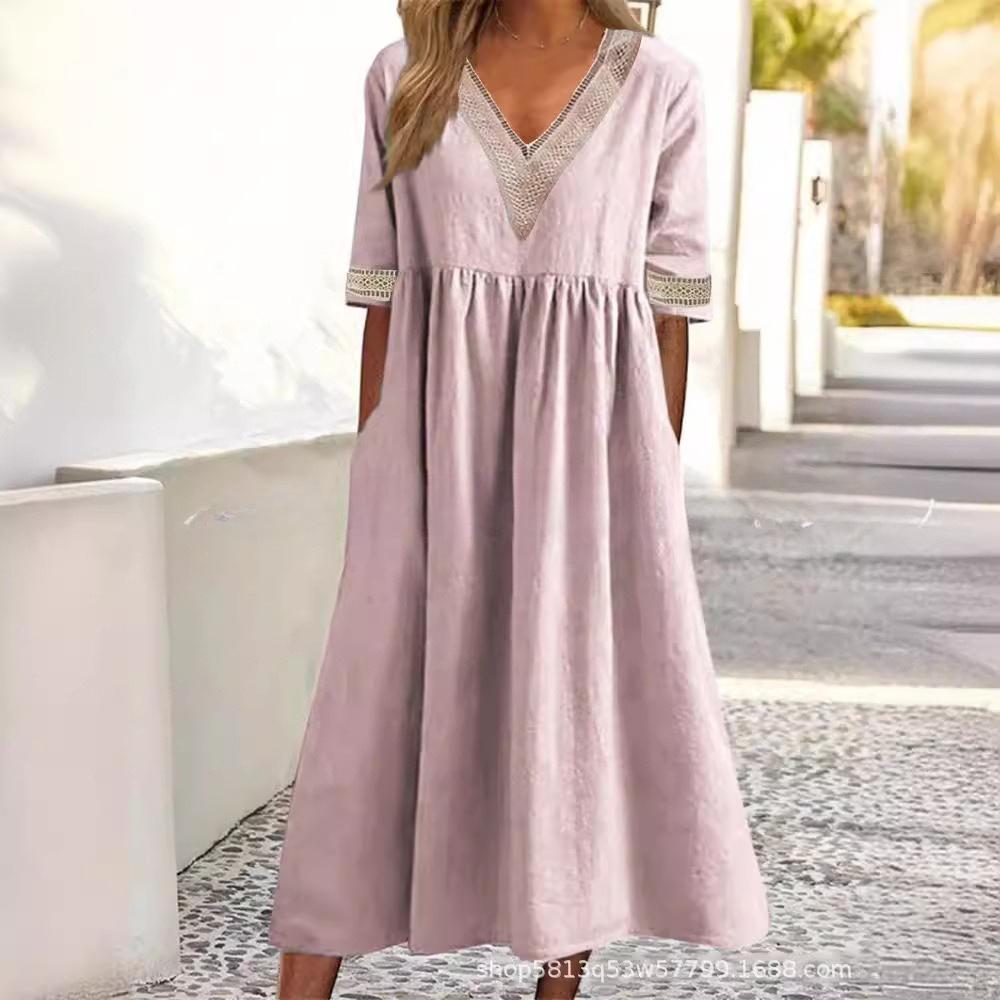 VEZFAA Kadın Modası Yaz Bahar Kısa Kollu V Yaka Bol Bel Günlük Elbiseler