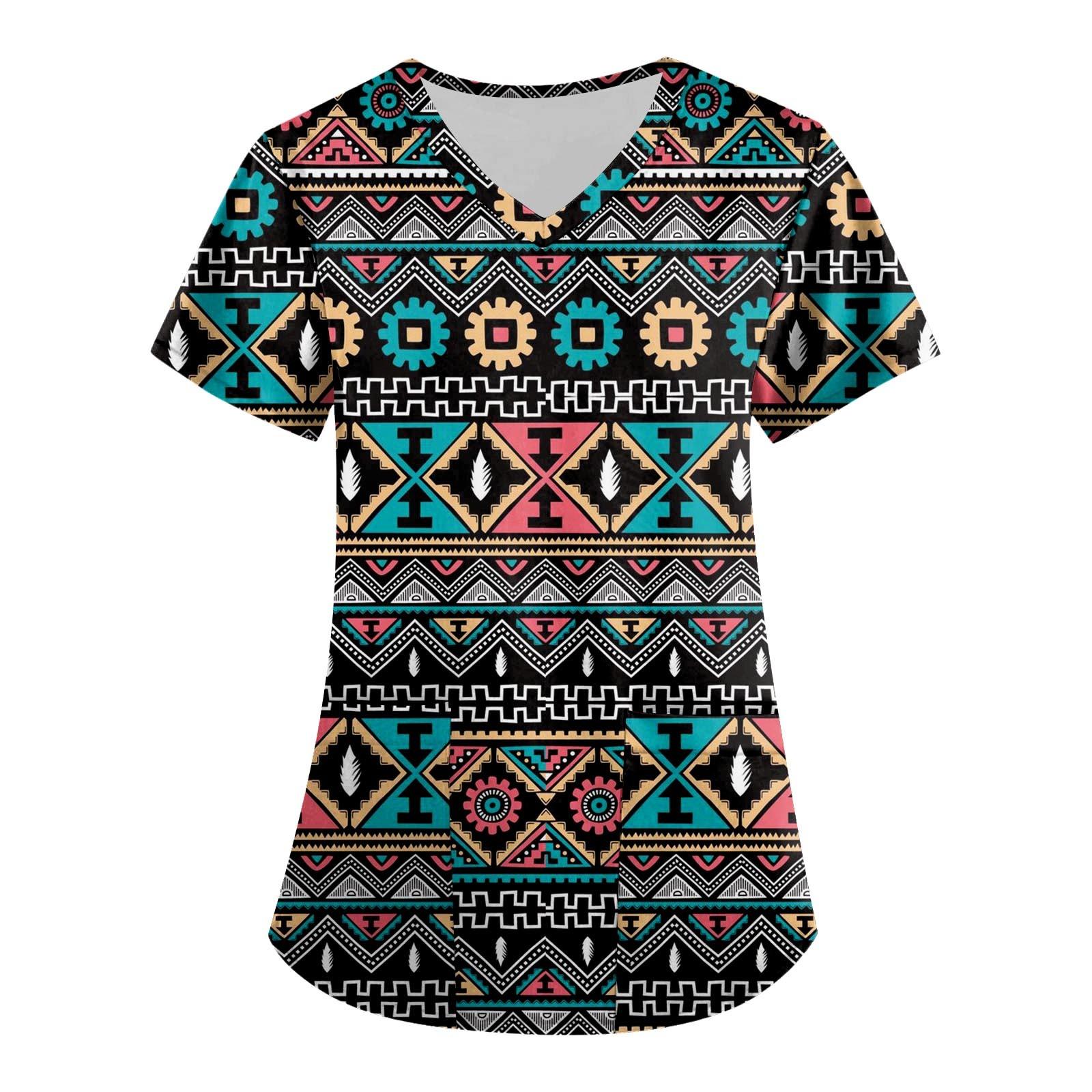 

Женские топы с короткими рукавами и v-образным вырезом с этническим принтом, рабочая блузка с карманами XL тёмно-синий