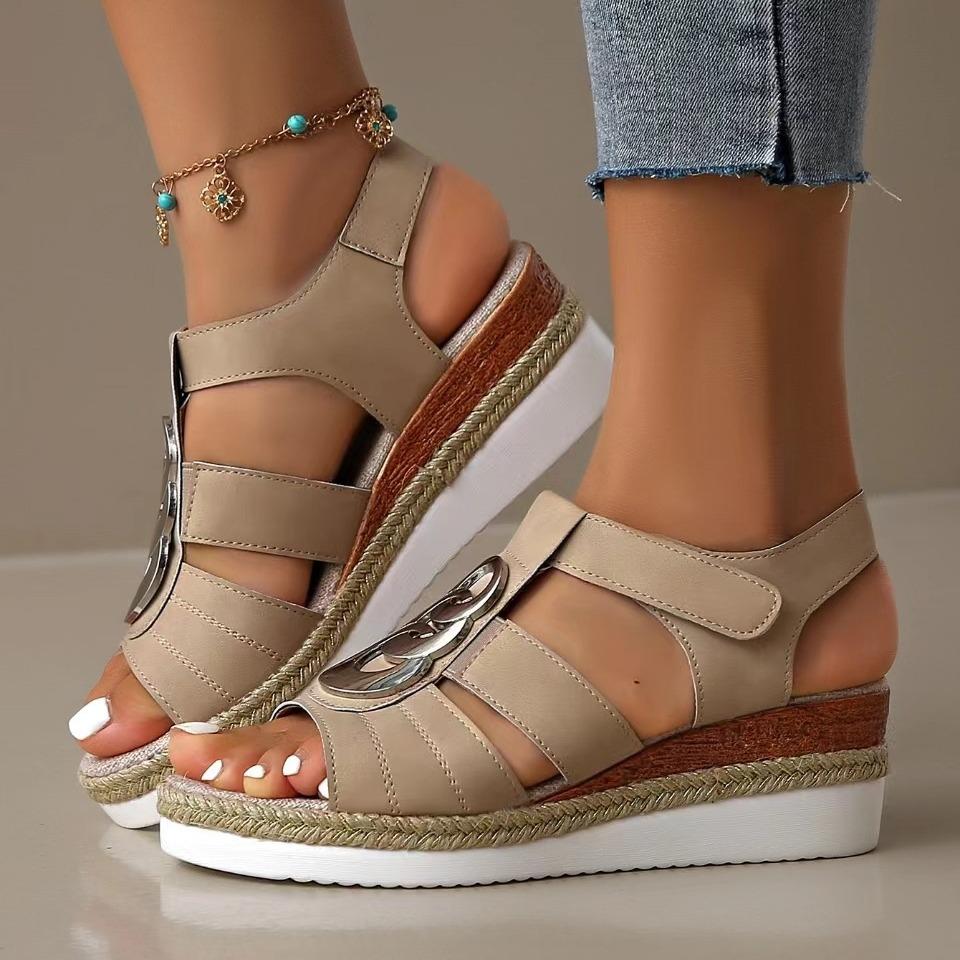 2024 summer new Velcro fish mouth casual shoes color matching flat sandals retro beach shoes women hollow