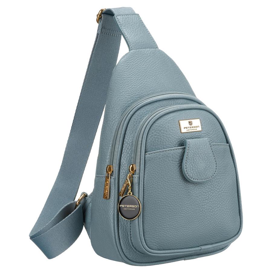 Blaue stilvolle kleine Damen-Tasche aus Öko-Leder, verziert mit goldenen Beschlägen, Bauchtasche Crossbody Peterson