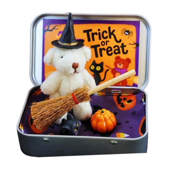 Halloween Bear In A Box for Trick or Treat Handmade Witch Bear In Box Miniature Plush Bear with Witch Hat Broom Pumpkin Cat for Halloween Party