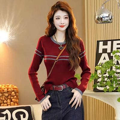 Herbst neuer langärmeliger figurbetonter Pullover Rundhalsausschnitt gestreifte Patchwork-Strickpullover Damen Innenfutter sieht dünn aus