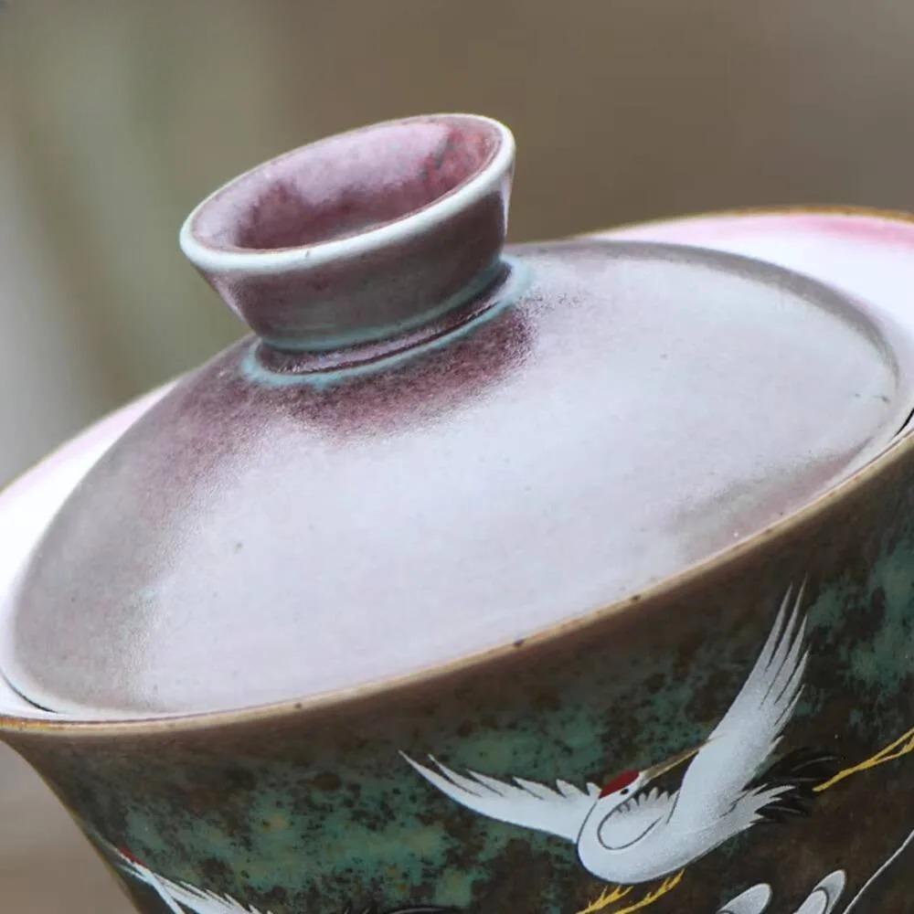 160ml Antique Kiln Change Glaze Gaiwan Creative Crane Tea Tureen Household Tea Maker Cover Bowl Tea Services Supplies Decoration