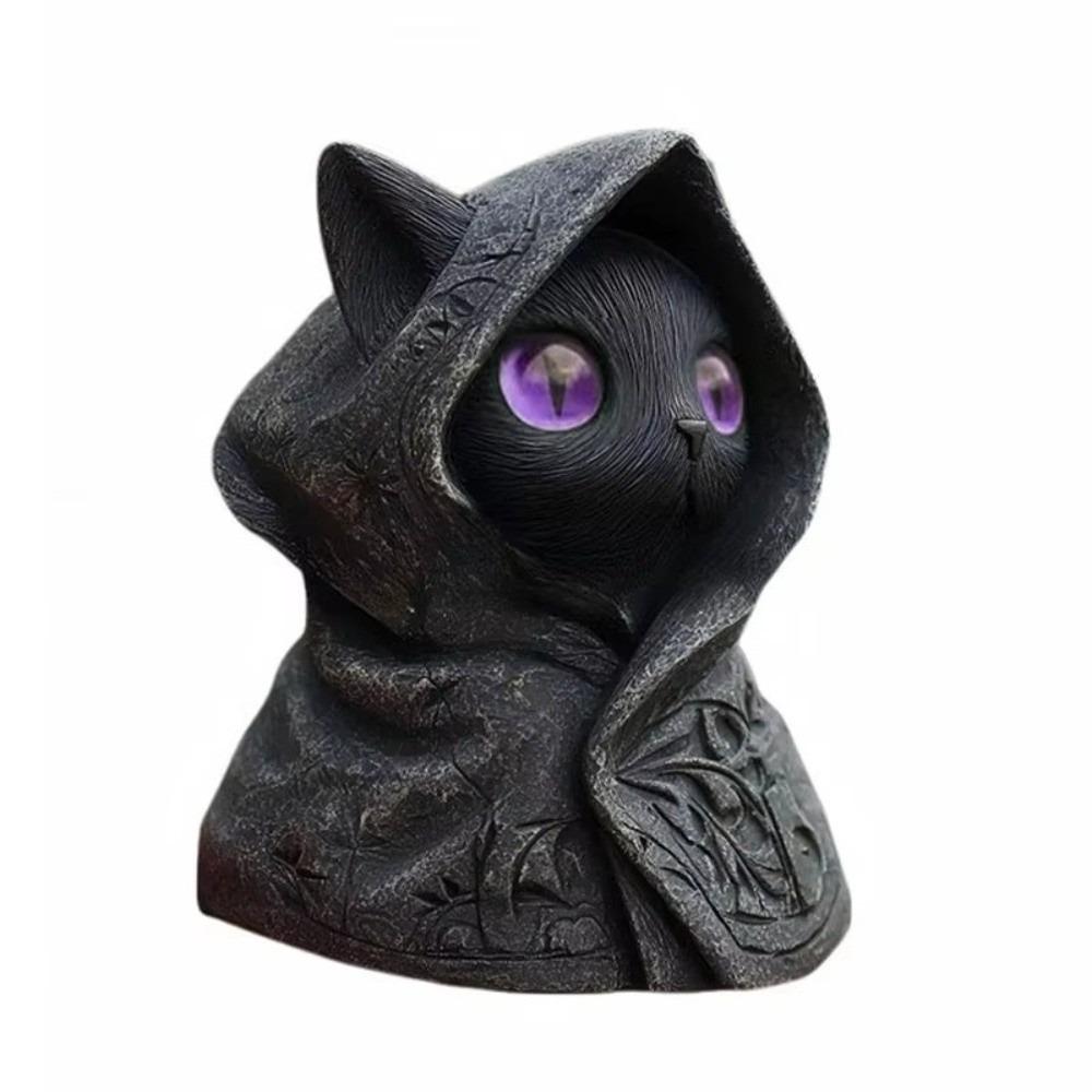 3D Printed Mystical Cat Statue Hooded Cloak Cat Ornaments Cat Sculpture Halloween Decor Purple Eye