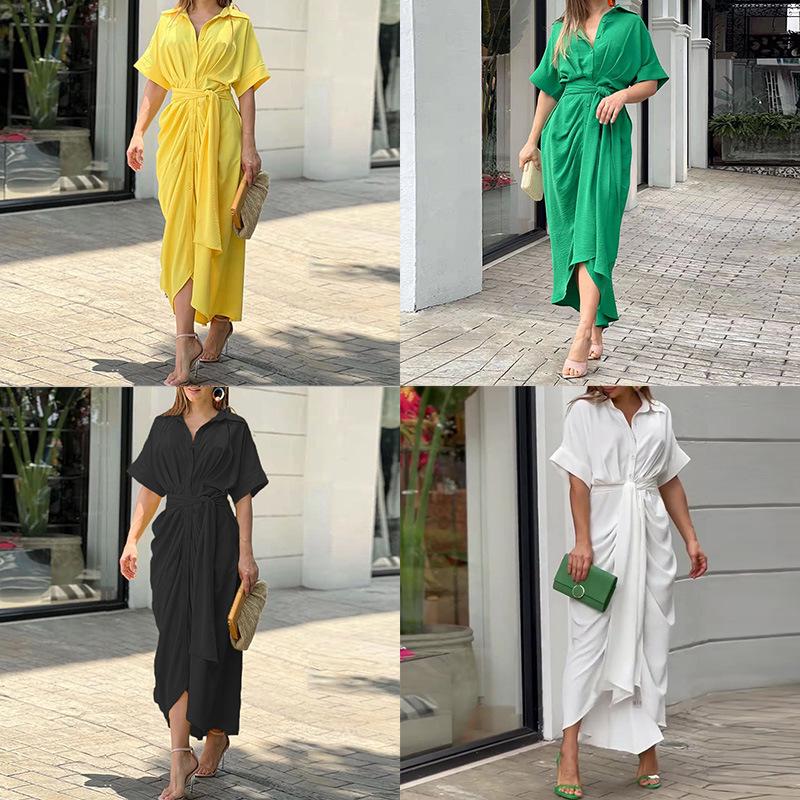 2026 Spring Women's Lace-Up Waist Short-Sleeve Solid Color Shirt Dress