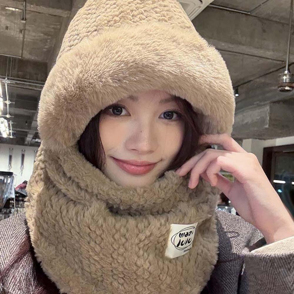 4 in 1 Winter Integrated Scarf Cap Plush Pullover Mask Cap Balaclava Hat Mask Woolen Hat Women