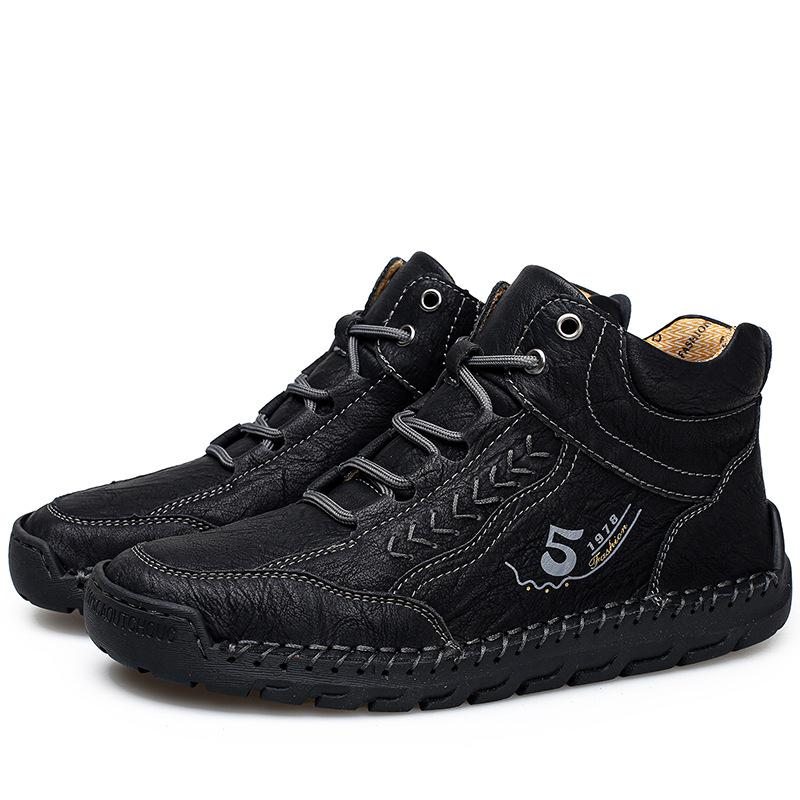 Large size men's hand-stitched shoes mid-top Martin boots casual flat-bottomed foot-fitting lazy shoes men's driving shoes