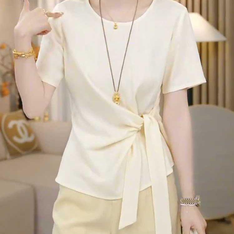 Plus Size European Style Tie-Up Short Sleeve T-Shirt for Women - Summer 2025 Loose Slimming Fashion Top for Full-Figured Women