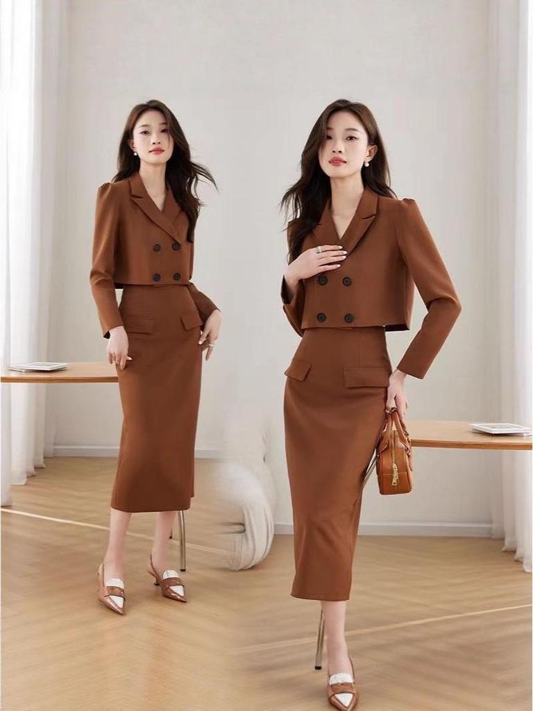 Plus Size 300 Jin Korean Autumn Double-Breasted Lapel Top and High-Waisted Slimming Skirt Set