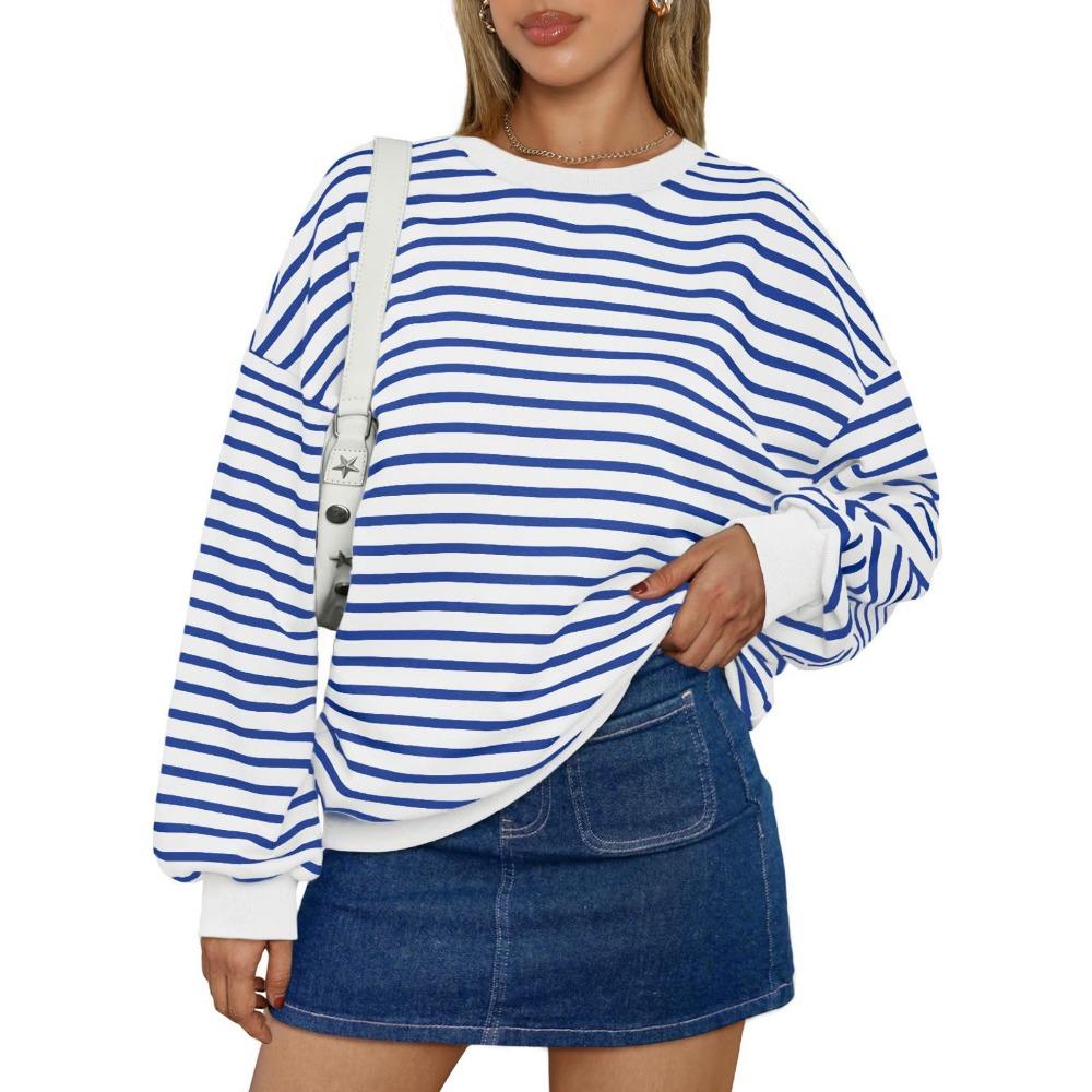 Autumn and Winter Colorful Striped Round Neck Loose Sweatshirt for Women