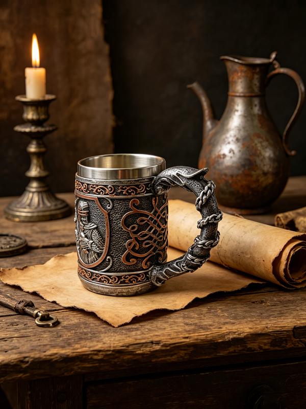 450ml/15oz Medieval Knight Beer Mug, 3D Crusader Warrior Coffee Cup, Resin Tankard with Stainless Steel Liner, Gothic Drinking C