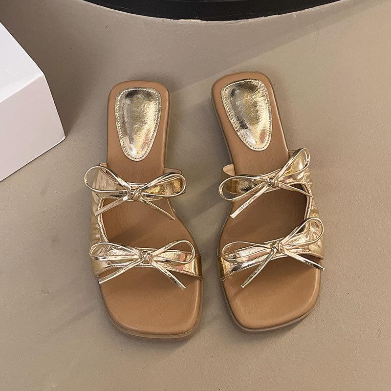 Bow French Premium Slippers Women's 2025 New Summer Korean Version Square Head Versatile Slope Heel Outside Wear Cool Slippers