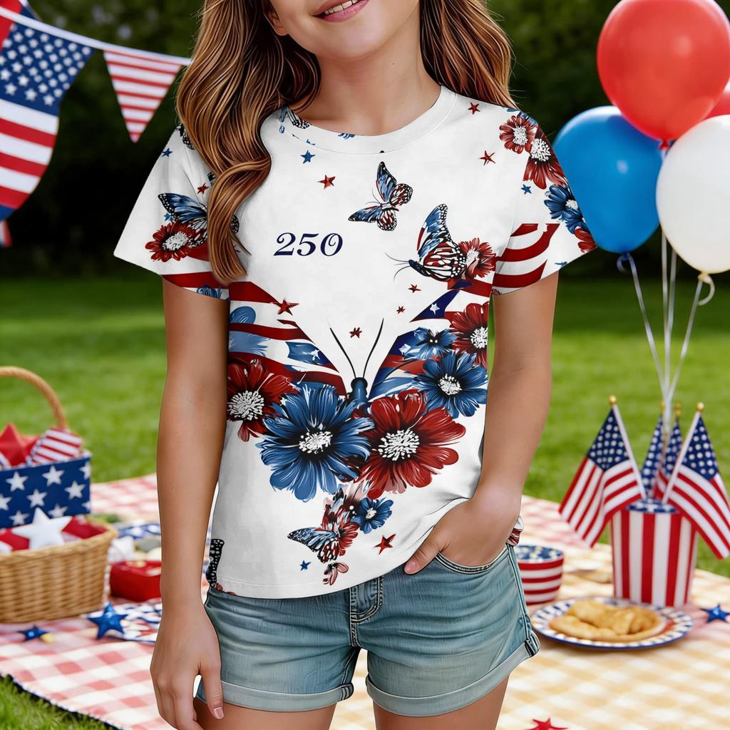 Kids Independence Day Print Round Neck Short Sleeve Casual T-shirt