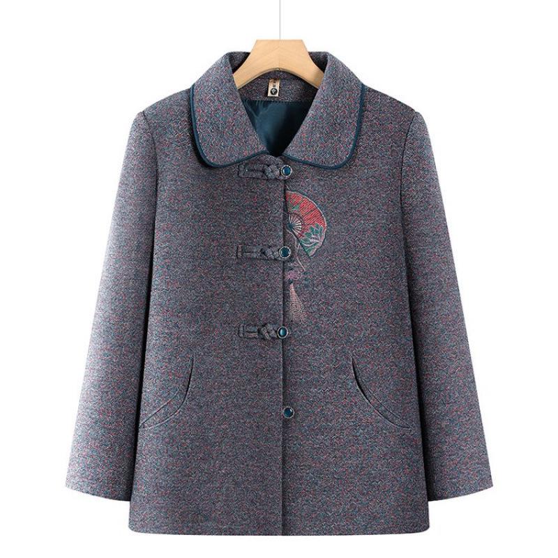 

Spring Arrival: Stylish Embroidered Wool Coat for Middle-Aged and Elderly Women with Lapel and Button-Up Design 4XL [135-150 lbs]