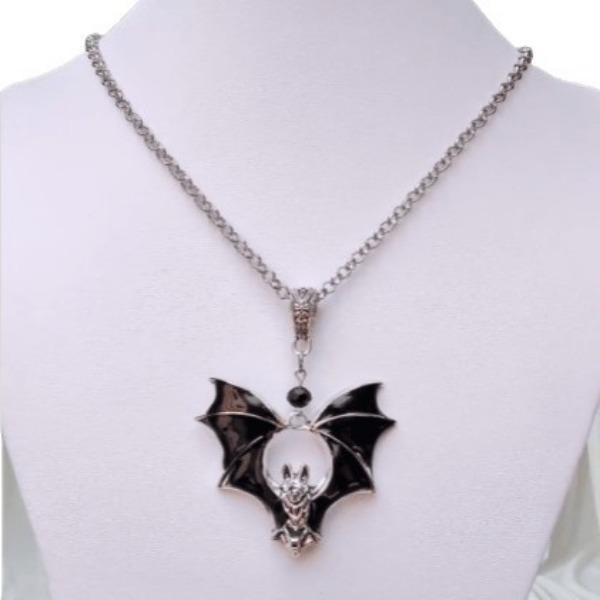 Gothic Bat Pendant Necklace, Vintage Style, Black & Red Charm Necklace, Original Designer Necklace