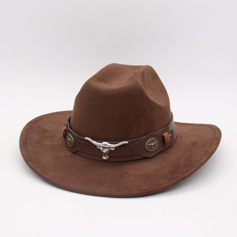 Ethnic Style Western Cowboy Hat Amazon Hot-Selling Stage Jazz Hat Cross-Border Foreign Trade Brown Ox Head Suede Top Hat