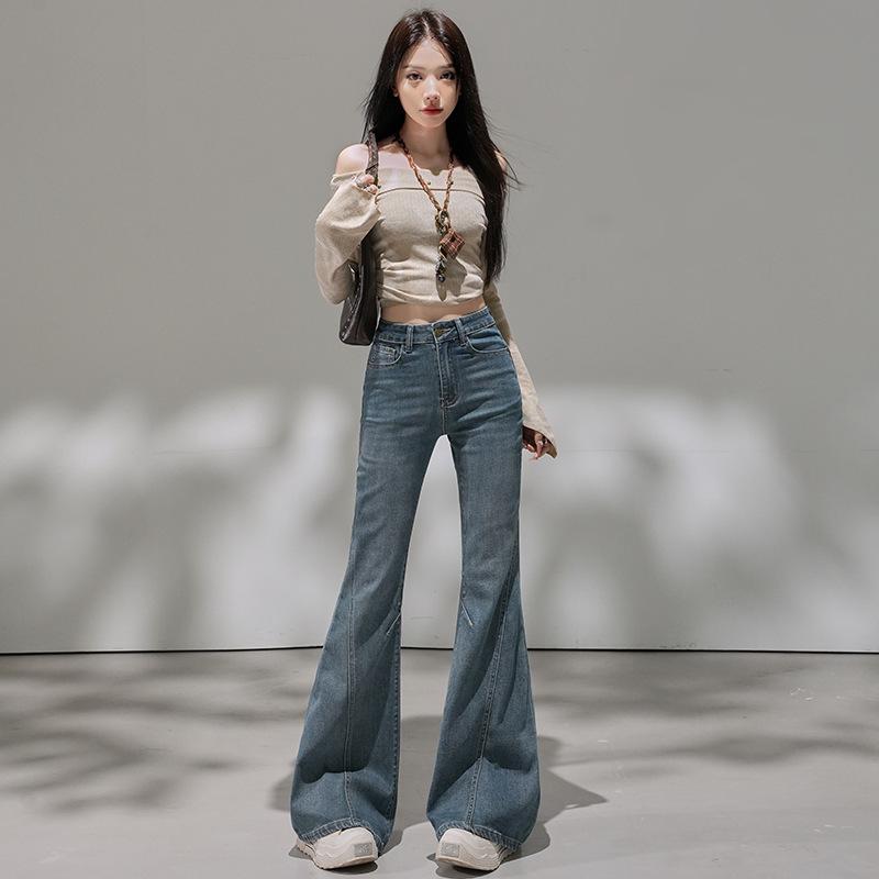 Retro blue denim micro-pull pants women's autumn new splicing elastic flared pants nine points/trousers