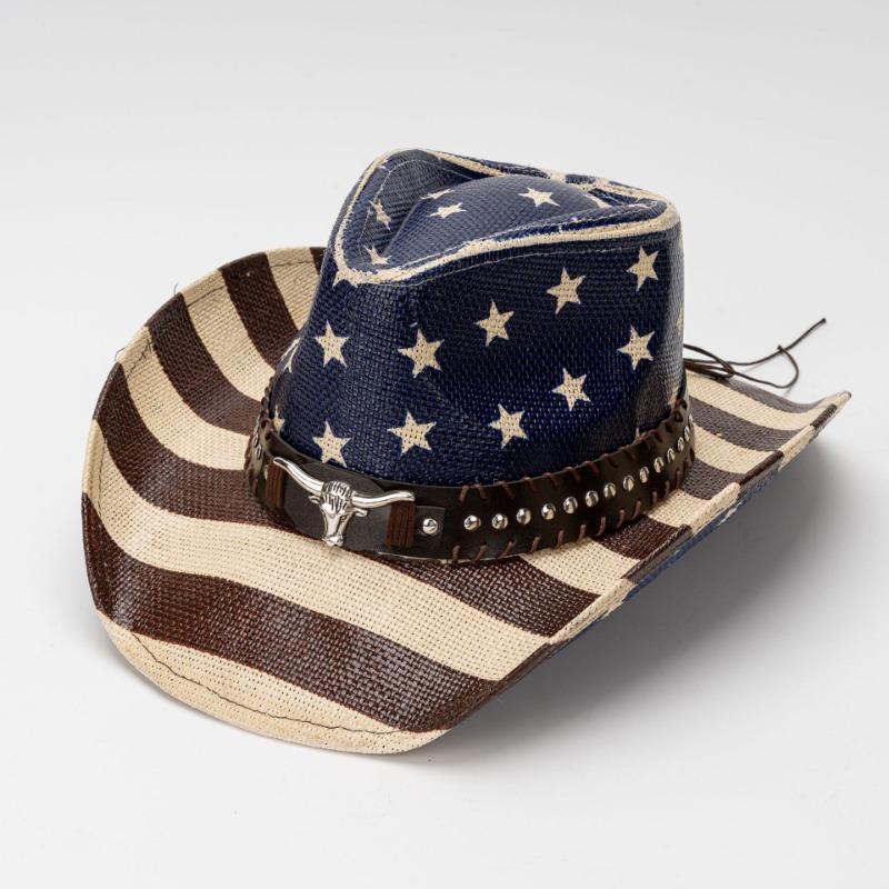 Unisex Vintage Amerikanische Flagge Print Gewebter Stroh Cowboyhut Mit Stierkopf Nietenband