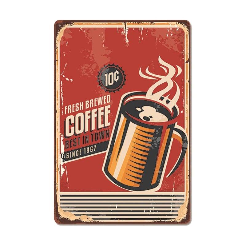 Vintage Fresh Coffee Plaque Metal Tin Sign Retro Drink Coffee Poster Wall Stickers for Cafe Shop Restaurant Home Room Decor