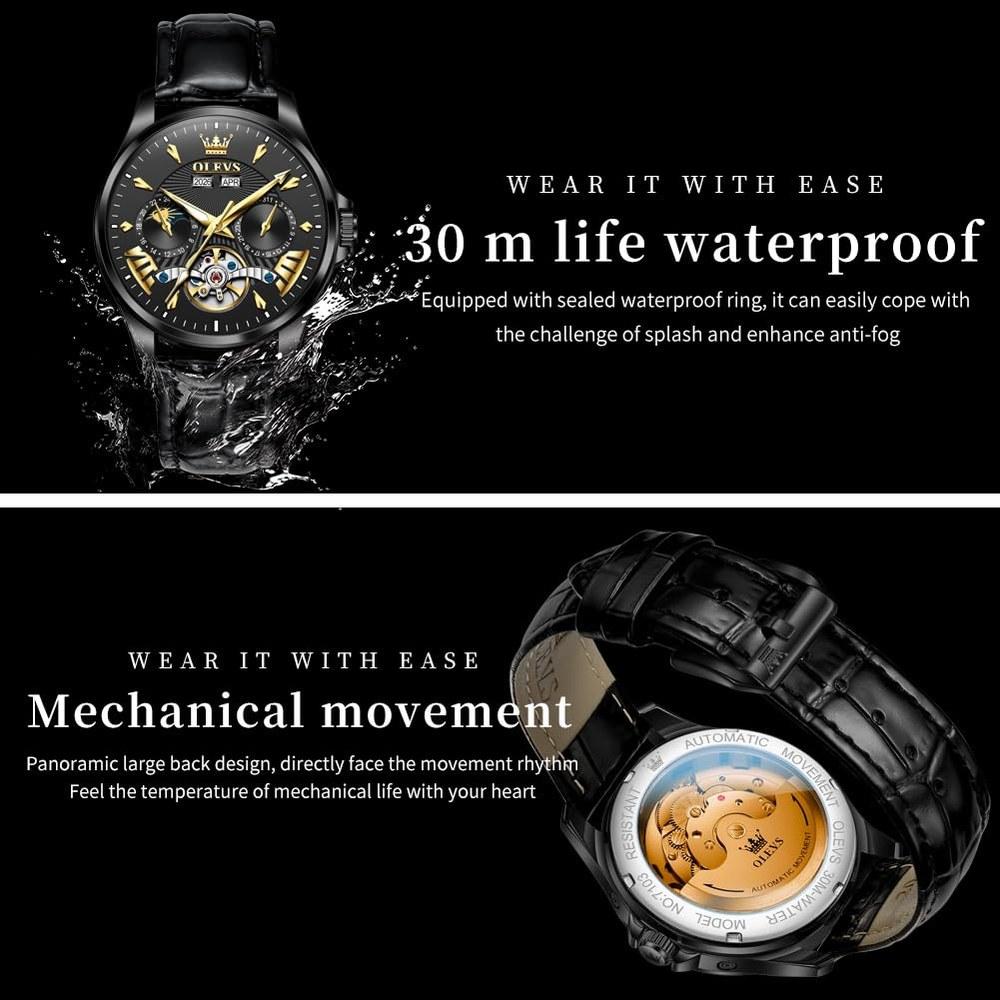 OLEVS Automatic Men’s Wristwatch Multi-Calendar Moon Phase 3 ATM Waterproof Business Classic Luxury Black-A Dial Retro