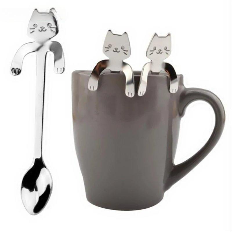 Cute Cat Shape Stainless Steel Teaspoon Set In Silver and Gold - Perfect for Coffee, Tea, and Desserts