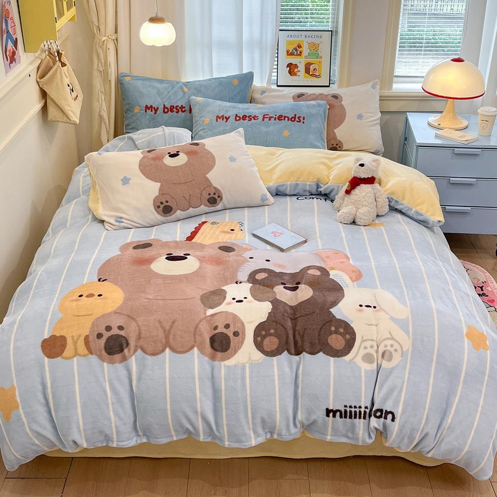 Thickened Milk Fleece Bed Four-Piece Set Coral Flannel Quilt Cover Children'S Bedding Sheets Three-Piece Set