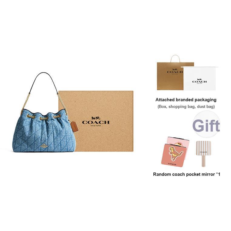 Coach Chain 35 Diamond Pattern Chain Shoulder Bag Denim Large Women Shoulder Bag Blue CDC02-IMTYV