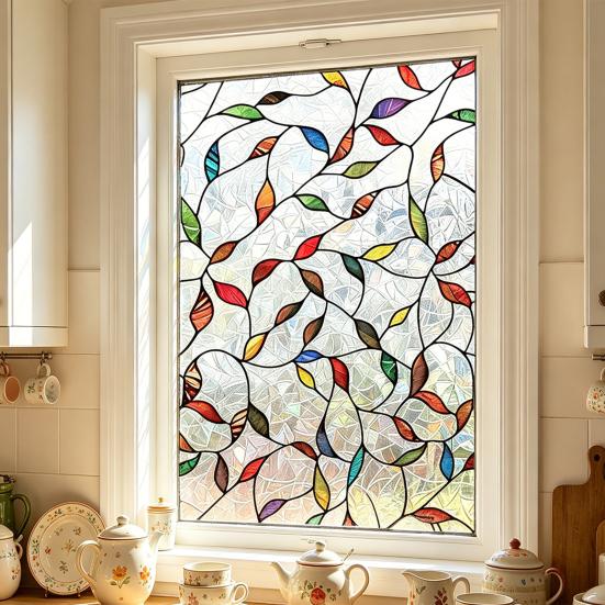 Buntglas Fensterfolie Regenbogen Floral Fenster Sichtschutzfolie Dekorativ Sonnenschutz Statisch Haftende Glasfolie für Haus Tür Fenster
